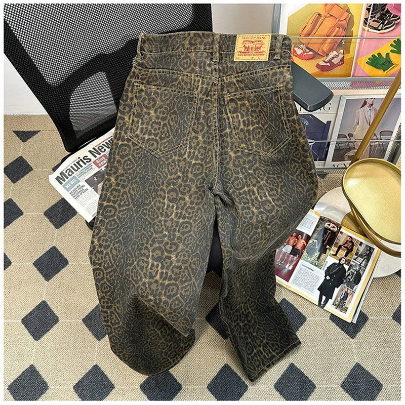 Retro American Leopard Print Jeans for High Street Gothic Hiphop Trendy Straight Couple Design Wide Leg Long Pants  Y2k fash