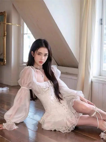 Voguable French Sweet White Y2k Mini Dress Long Sleeve Beach Style One Piece Dress Korean Japanese Kawaii Chic