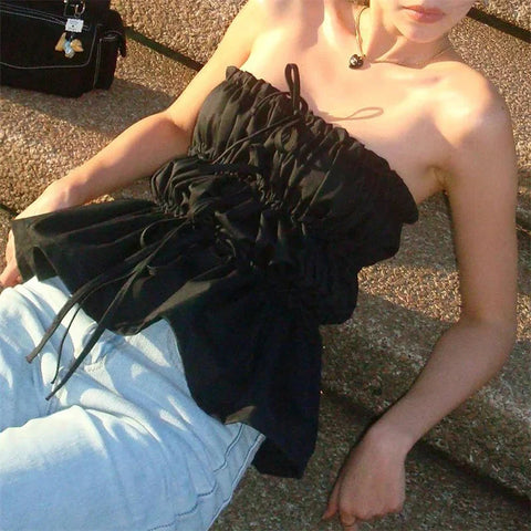 Tube Tops y2k Clothes Solid Color Off Shoulder Strapless Sleeveless Ruched Bandeau Tie Up Vest 2000s Streetwear