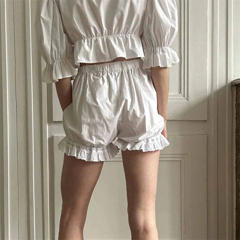 White Bloomers Ruffle Hem Bottoms Solid Color Elastic High Waist Panties Coquette Clothing y2k Victorian Shorts