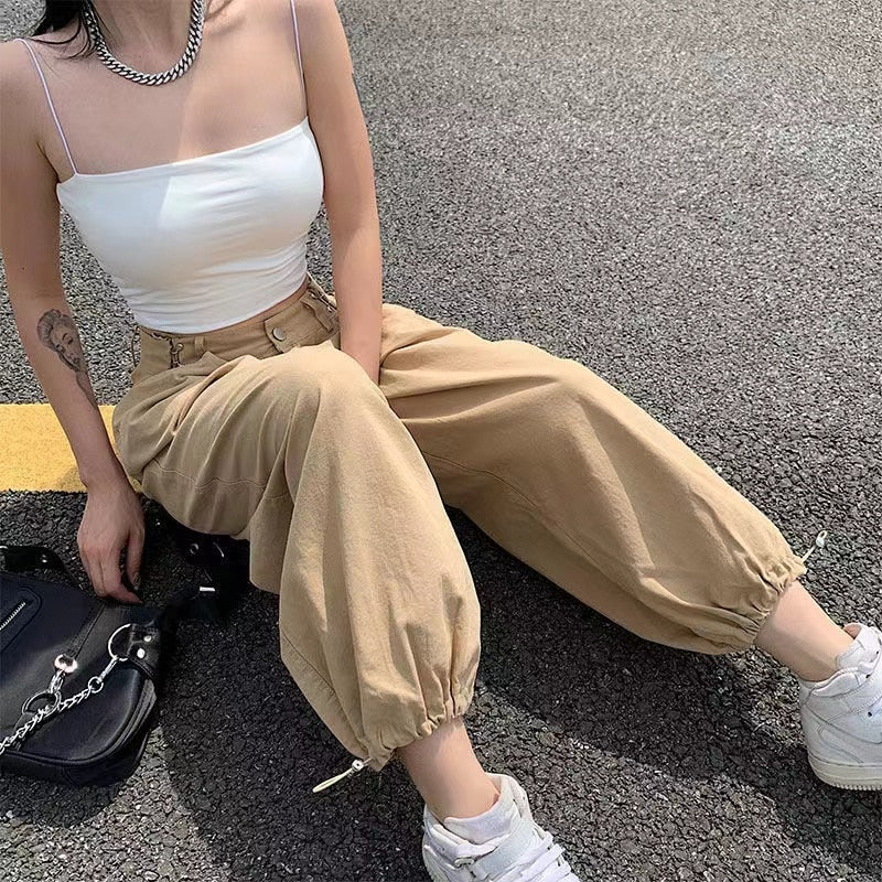 Voguable  Khaki Oversized Cargo Baggy Pants Y2K Hip Hop Style Loosed  Adjustable Waist Drawstring Long Pant Streetwear 90s Style Clothes