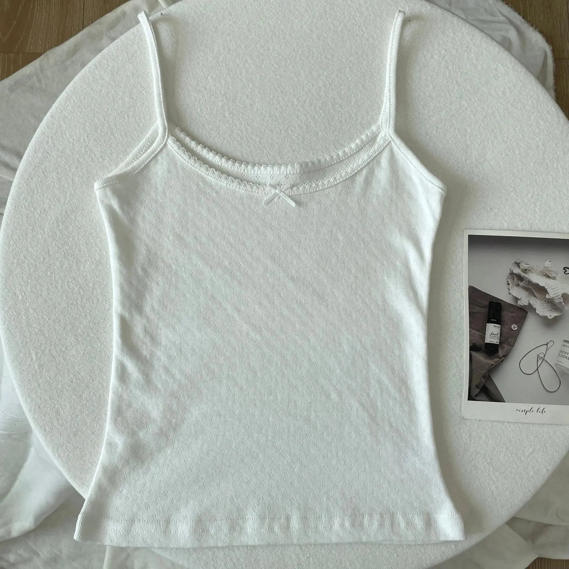 Floral Eyelet Bow Cotton Crop Tops Lace Trim Sleeveless Slim Tank Top Preppy Style Sweet Camisole Y2k Clothes