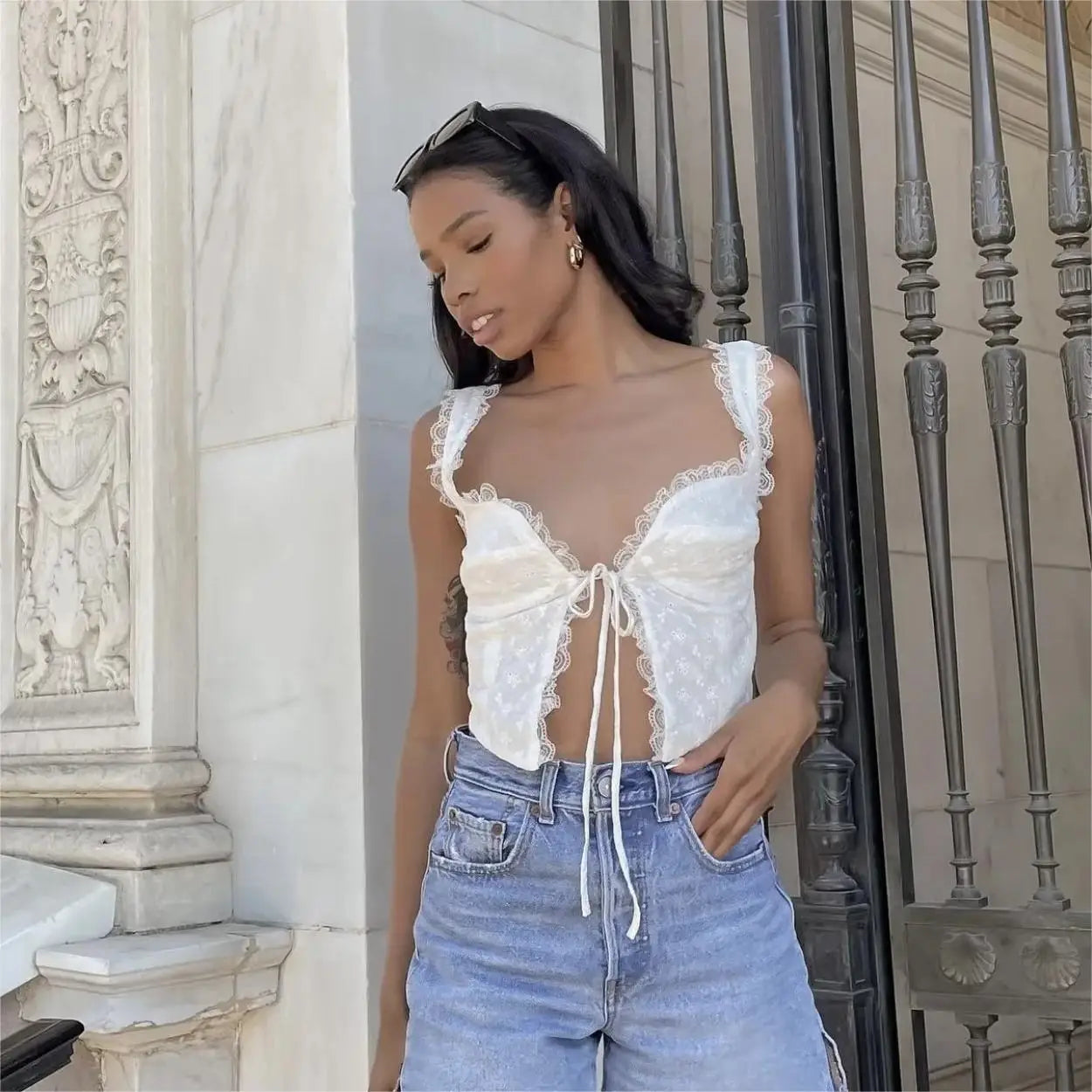 white lace crop tops casual lace tank top for cute tops front tie corset top korean streetwear y2k