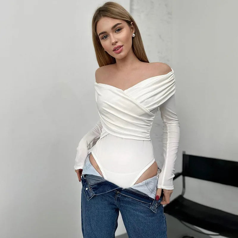 Y2k European American Cross Long Sleeve Vneck Line Shoulder Temperament Spice Street Style Pleated Solid Color Onesie