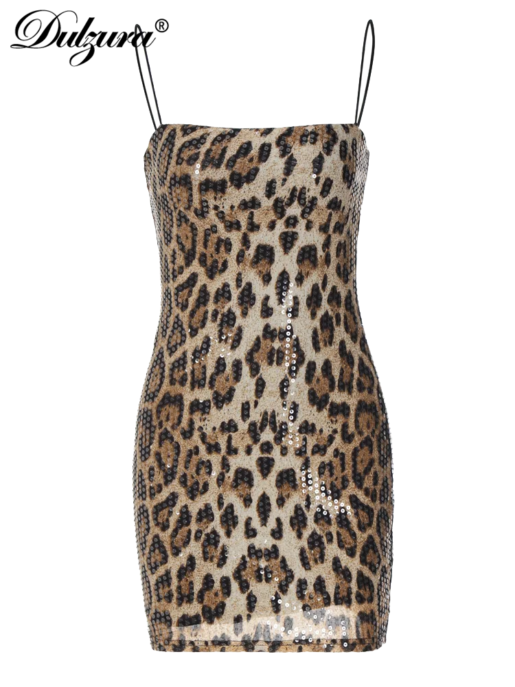 Leopard Print Spaghetti Shoulder Strap Square Collar Mini Dress Sparkly Sequins Party Club Y2K Clothes