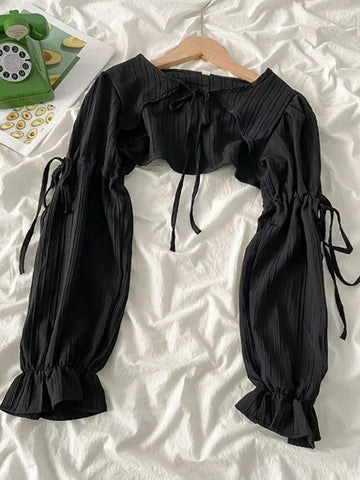 Y2k Sun Protection Cardigan Women' Clothing Thin Crop Tops Bandage Long Sleeve Blouse Cape Femme Ruffles Korean Sweater