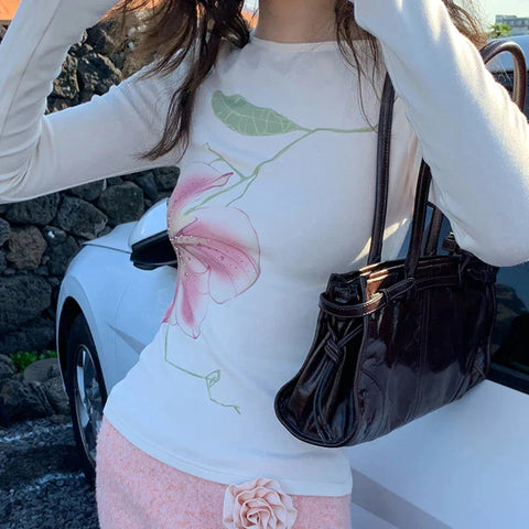Fairy Coquette Top y2k Clothing Rhinestone Floral Print Round Neck Long Sleeve T Shirts 2000s Clothes Streetwear