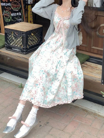 Japanese Kawaii Y2k Midi Dress Casual Sweet Bow Splicing Flower Print Dress Korean Evening Party