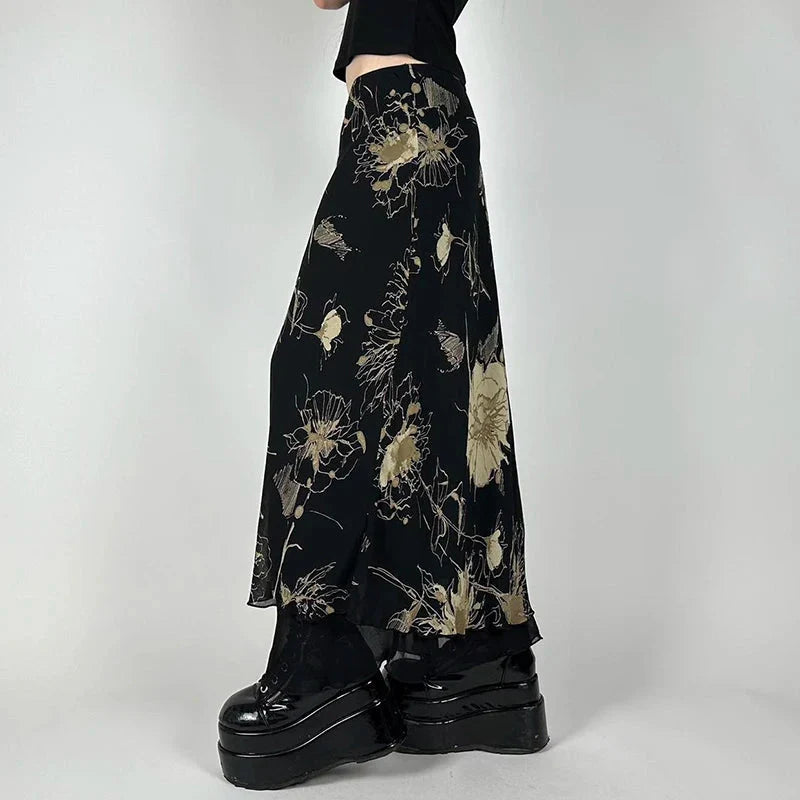 Vintage Floral Print Low Rise Long Skirt Streetwear 90s Slim-fitting Skirts Harajuku y2k Aesthetic Ladies Bottoms