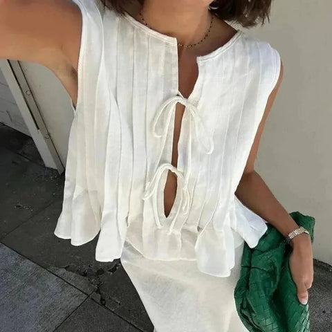 Y2K Korean White Linen Cotton Pleated Lace Up Sleeveless Short Shirt Crop Top Blouse Pleated Shirts Clothes