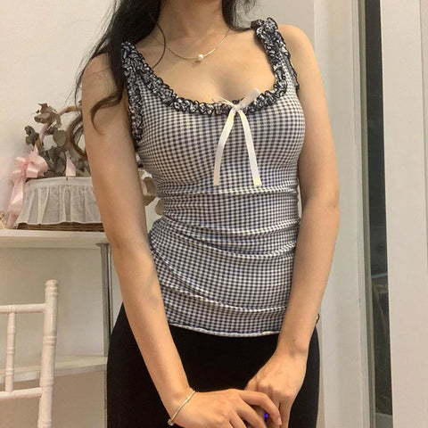 Voguable Y2K Checkerboard Tank Top Ruffle Square Collar Plaid Sleeveless Tops Coquette Aesthetic Contrast Bow Slim-fit Camisole