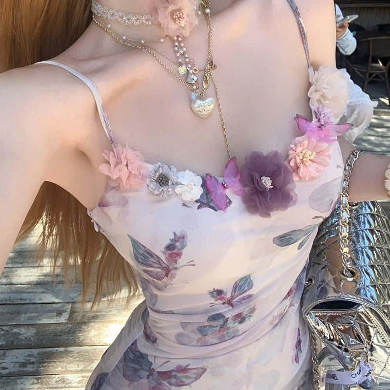 Voguable Sweet Floral Party Mini Dress Korean Printing Floral Y2k Dress FeSlim Chic Strap Beach Designer Dress