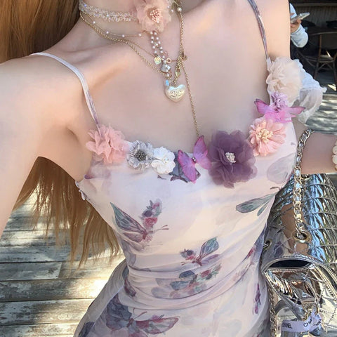 Voguable Sweet Floral Party Mini Dress Korean Printing Floral Y2k Dress FeSlim Chic Strap Beach Designer Dress