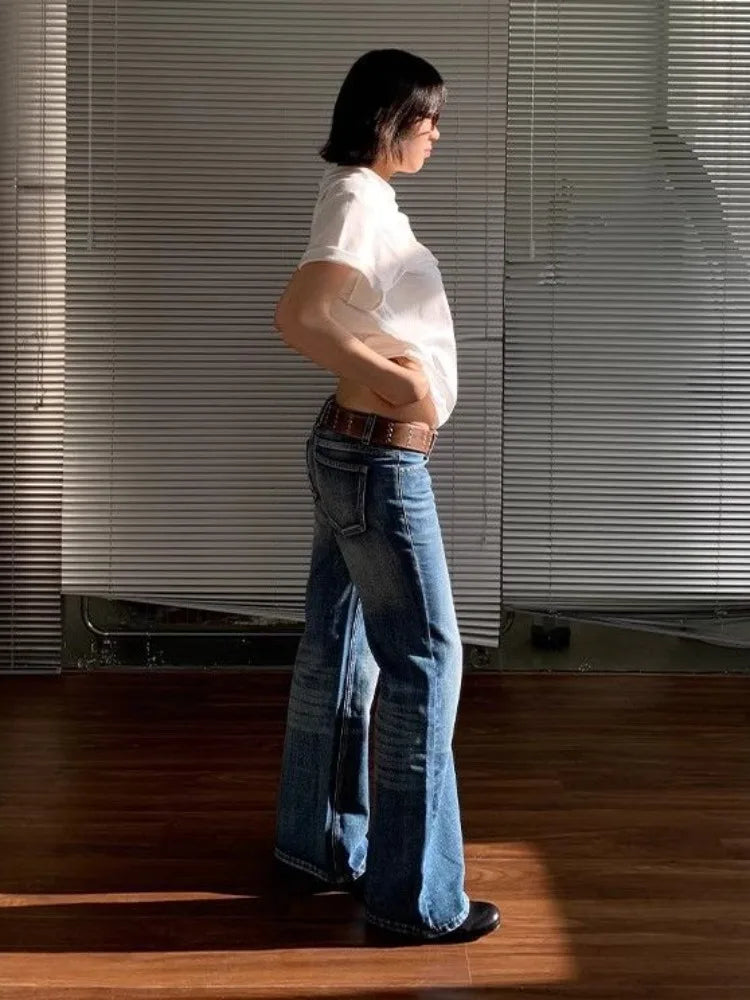 American Retro High Street Spicy Girls Low Waist Jeans Vintage Y2k Harajuku Baggy Solid Slim Denim Flared Pants