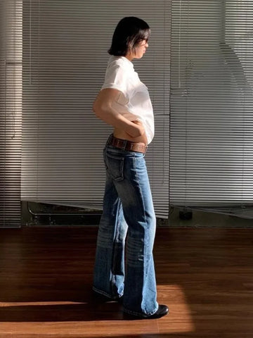 American Retro High Street Spicy Girls Low Waist Jeans Vintage Y2k Harajuku Baggy Solid Slim Denim Flared Pants