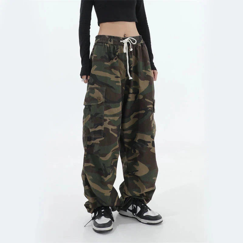 100% Pure Cotton Camo Cargo Pants Y2K Vintage Streetwear Joggers Sweatpants Bf Oversized Loose Hip Hop Wide Leg Trousers