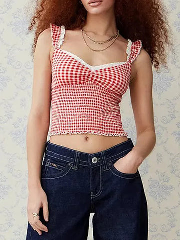 Gingham Tank Top Y2k Lace Trim Cami Top Sleeveless Plaid Camisole Coquette Shirts Cute Smocked Tops Streetwear