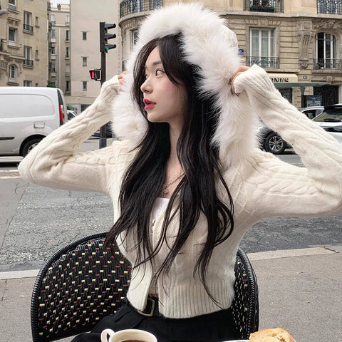 Voguable Furry Hooded Sweaters Coat Winter Casual Hoodie Y2K Zipper Cropped Sweater Jacket Korean FeKnitwear