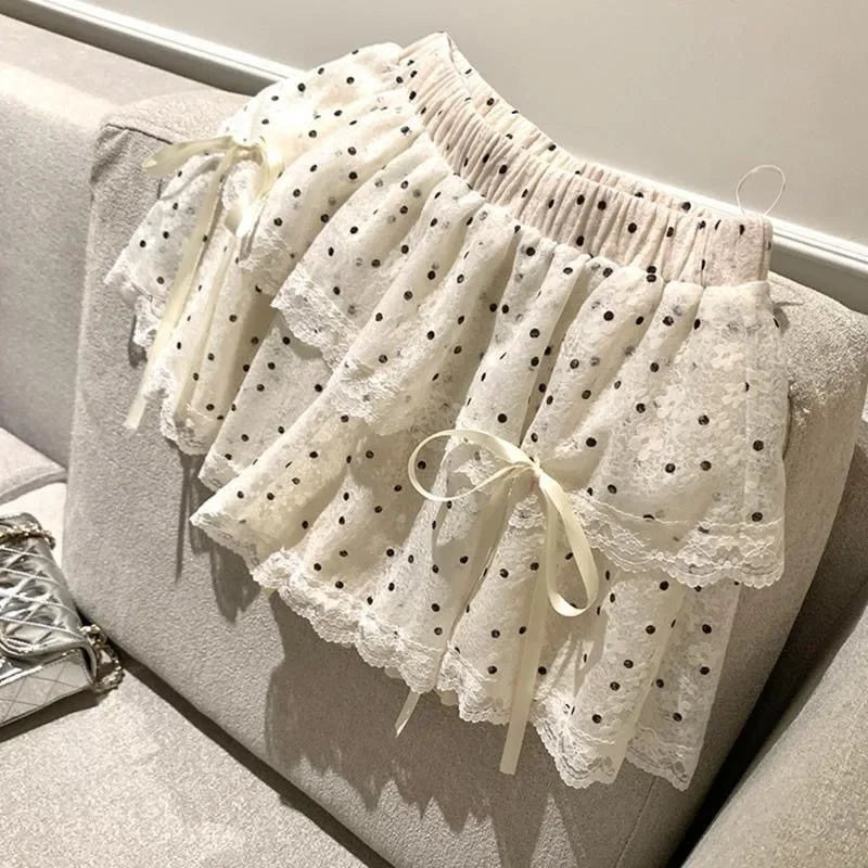 Korean Sweet Dot Lace Bow Mini Skirt Y2k Harajuku A-line Skirt Girl Elastic High Waist Cake Skirts