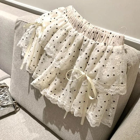 Korean Sweet Dot Lace Bow Mini Skirt Y2k Harajuku A-line Skirt Girl Elastic High Waist Cake Skirts