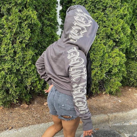 Voguable Star Letter Print Hoodie Zip Up Long Sleeve Oversized Jacket Coat Harajuku Gothic Hooded Sweatshirt Y2K Teen Clothes