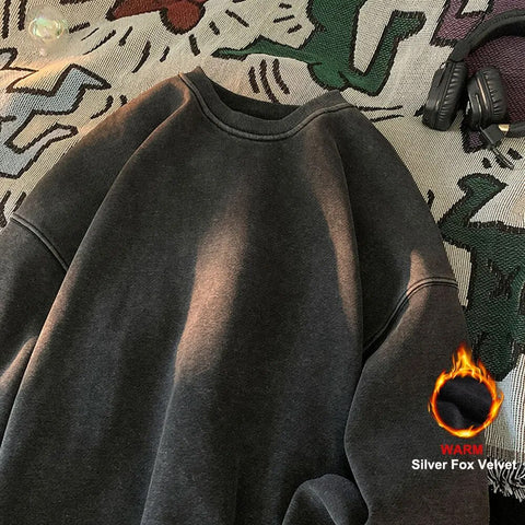 American Washed Old Pullovers Sweatshirts Loose Solid Color Large Size Warm O Neck Tops Hip Hop Y2k Sweatshirt