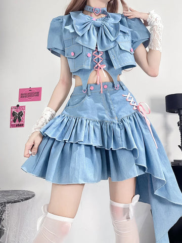 Voguable 3 Piece Y2K Kawaii Denim Skirts Sets Korean Ruffle Bow Bandage Spaghetti Straps Tops Irregular Mini Skirts Jeans Suits