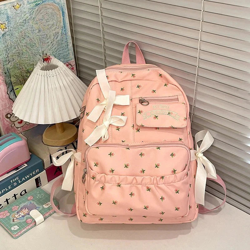 Korean Bow Chic Flower Print Backpack High-capacity Sweet Kawaii Schoolbags Casual Preppy Y2k Students Backpacks