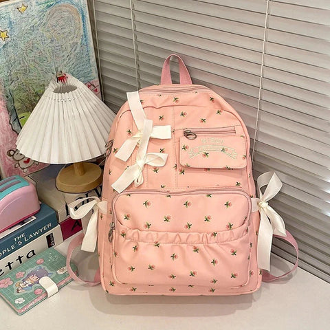 Korean Bow Chic Flower Print Backpack High-capacity Sweet Kawaii Schoolbags Casual Preppy Y2k Students Backpacks