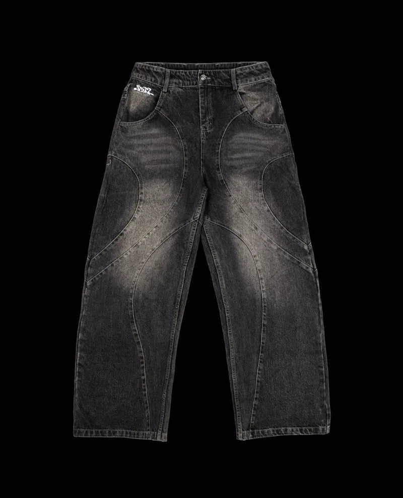 High Street Trendy Brand Baggy Wide Leg Jeans Harajuku Y2K Streetwear Punk Retro Embroidery Splicing Straight Leg Pants
