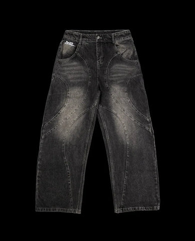 High Street Trendy Brand Baggy Wide Leg Jeans Harajuku Y2K Streetwear Punk Retro Embroidery Splicing Straight Leg Pants