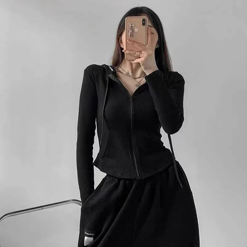 Fall Crop Hooded Cardigan Y2K Korean Slim Solid Zipper Long Sleeve Coats Harajuku Streetwear Sports Cardigan Tops