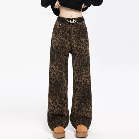 Trend Youth Straight Leopard Print Casual Pants For Y2k American Retro Design Feel Temperament Commuter Cargo Pants