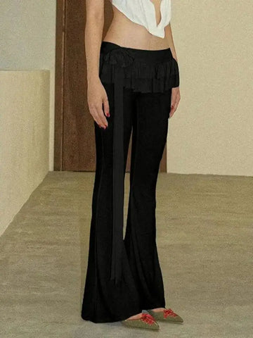 Voguable Black Lace Up Ruffled Skirt Pants Low Waist Coquette Y2K Streetwear Wide Leg Trouser Flare Pants Harajuku