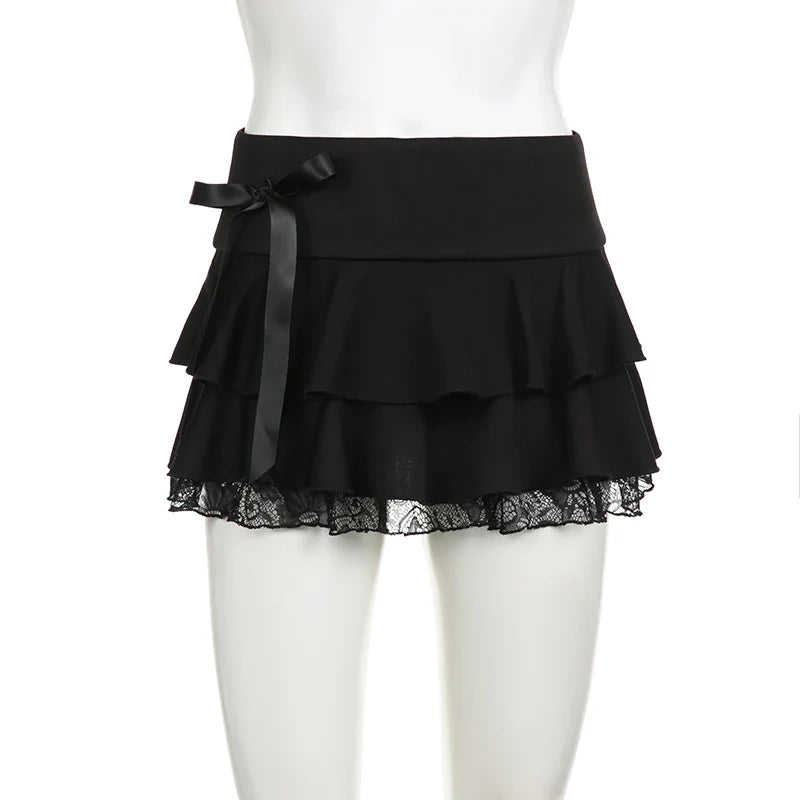 Voguable  Dark Academia Lace A-line Mini Skirt Black Low Waisted Bow Stitching Short Skirts Y2K Gothic Cute Bottoms Streetwear