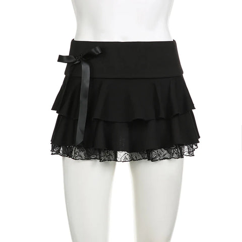 Voguable  Dark Academia Lace A-line Mini Skirt Black Low Waisted Bow Stitching Short Skirts Y2K Gothic Cute Bottoms Streetwear