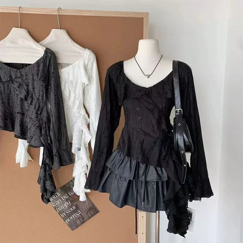 Irregular Patchwork T Shirts Y2K Gothic Ruffled Sleeve FeTops Streetwear Hollow Out Hole Casual Tees New
