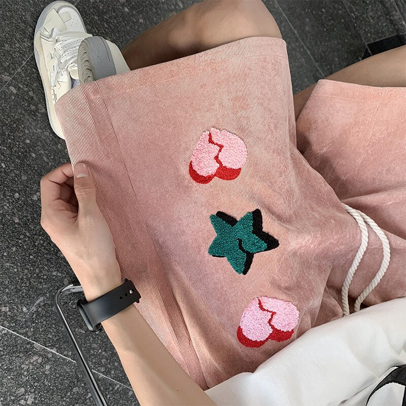 American High Street Y2k Versatile Shorts Ins Red Heart Print Loose Straight Joggers Short Pants Streetwear