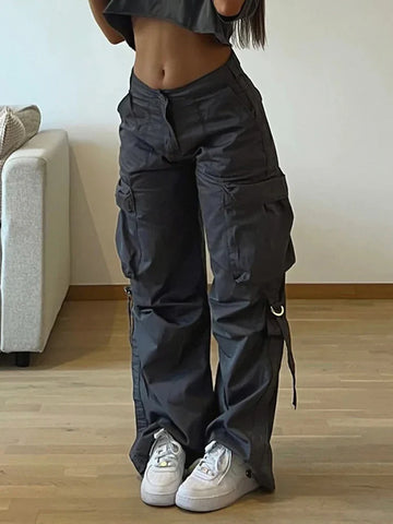 Voguable  Cargos Style Parachute Pants Low Waist Joggers Harajuku Pockets Baggy Wide Leg Trousers y2k Streetwear Casual