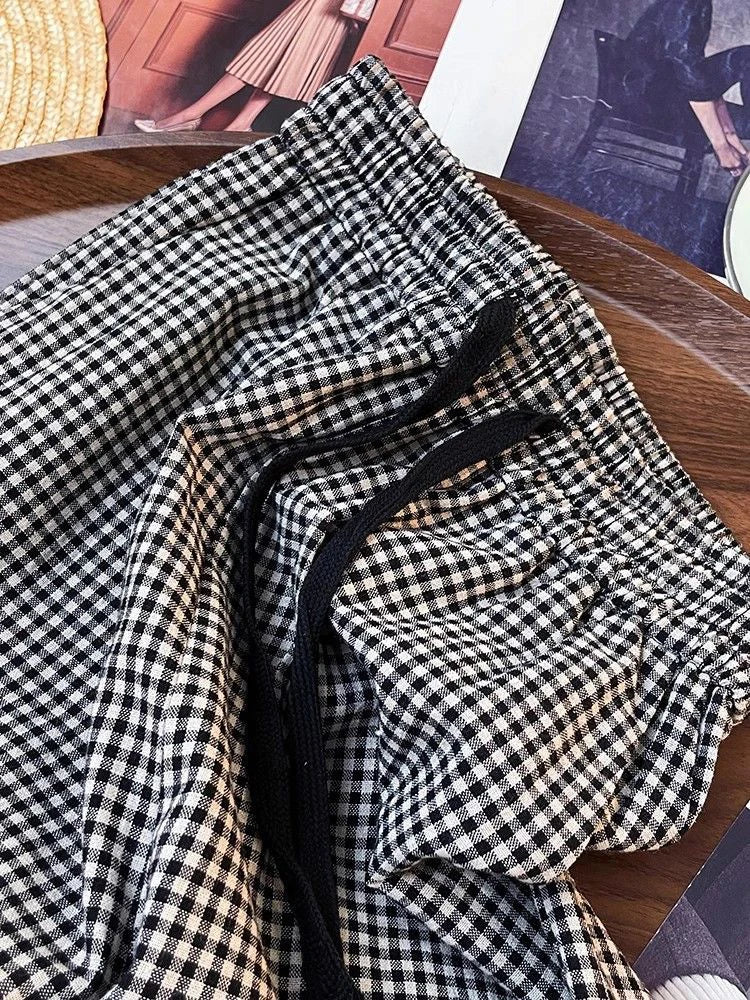 Korean Chic Plaid Casual Pants High Waist Retro All Match Wide Leg Pants Y2K Loose Drawstring Straight Trousers