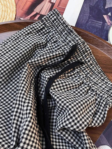 Korean Chic Plaid Casual Pants High Waist Retro All Match Wide Leg Pants Y2K Loose Drawstring Straight Trousers