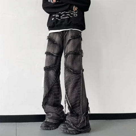 Voguable Y2K Punk Black American Street Rock Retro High Waist Oversized Jeans Raw Edge Washed Darkwear Wide Leg Trousers Men