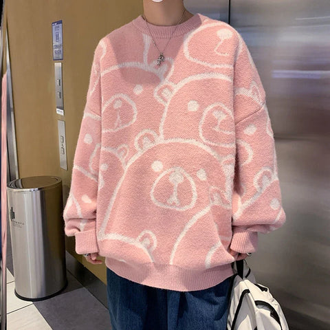 Voguable Winter Thickened Warm Sweater Cartoon Bear Head Graphic Jumper Pullover Preppy Couples Hip Hop Streetwear Y2K Tops Casual