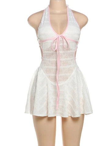 Classic Y2K Backless Dress See Through Pink Shirring Sleeveless Stretch Chic Midnight Mini Bodycon