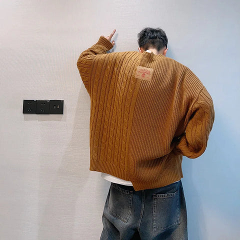 Voguable Knitted Sweater Japanese Y2K Oversize Casual Winter Irregular O-neck Pullovers for Man Old Money Streetwear