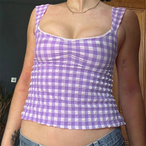y2k Tops for Fairycore Clothing Plaid Print Lace Trim Sleeveless Tanks T Shirts 2000s Clothing Streetwear