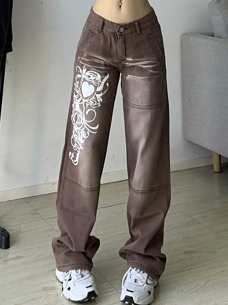 Harajuku printed Cargo Jeans Y2K Dark Blue brown High Waist Streetwear 90S Baggy Jeans Pants Straight wide leg jeans