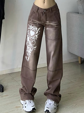 Harajuku printed Cargo Jeans Y2K Dark Blue brown High Waist Streetwear 90S Baggy Jeans Pants Straight wide leg jeans