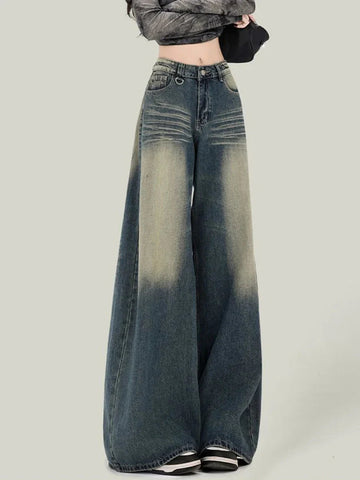 Streetwear Retro Jeans Loose High Waist Y2K Denim Pants Casual American Harajuku Fall FePockets Wide Leg Trousers New