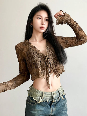 Voguable Brown Vintage Lace V-neck Tie-up Shirts for y2k Aesthetic Sweet Long Sleeve Crop Top Casual T Shirt Korean Style